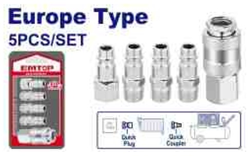 5 Piece Quick Air Coupler Set Europe Type 1/4" - 1 Female Coupler 3 Male Plugs 1 Female Plug Professional Pneumatic Fittings Sliding Card